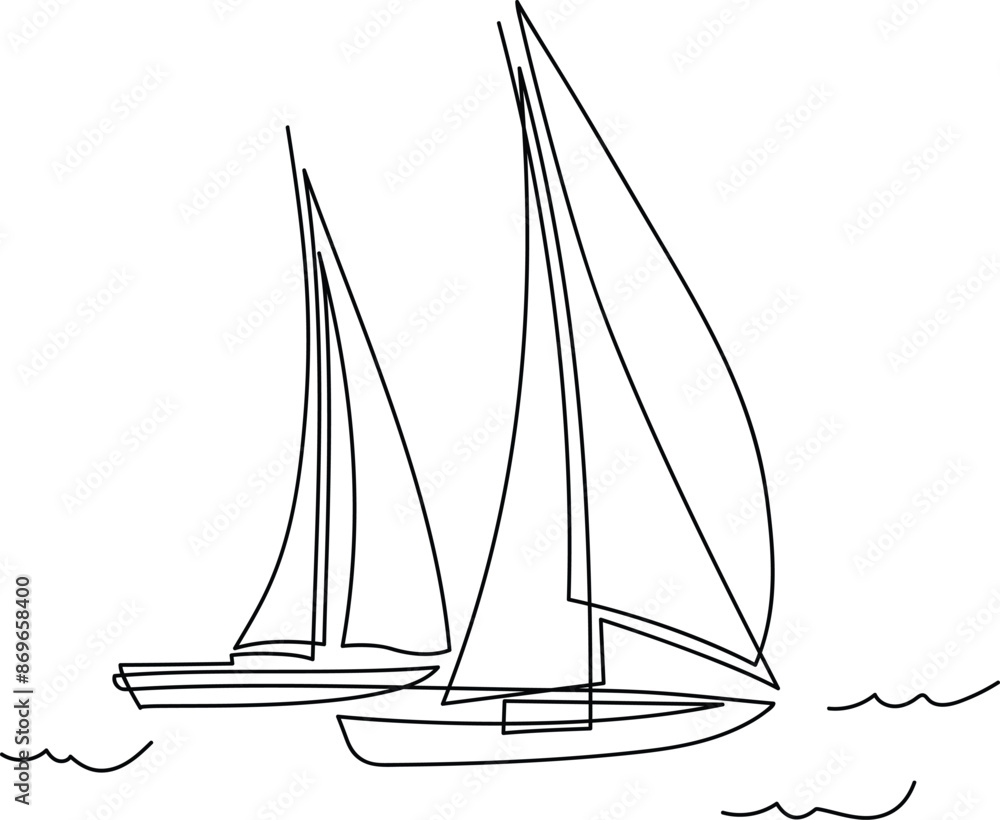 Yachts on sea waves. Seagull in the sky. Continuous line drawing illustration. Isolated on white background Yachts on sea waves. Seagull in the sky. Continuous line drawing illustration. Isolated on white background