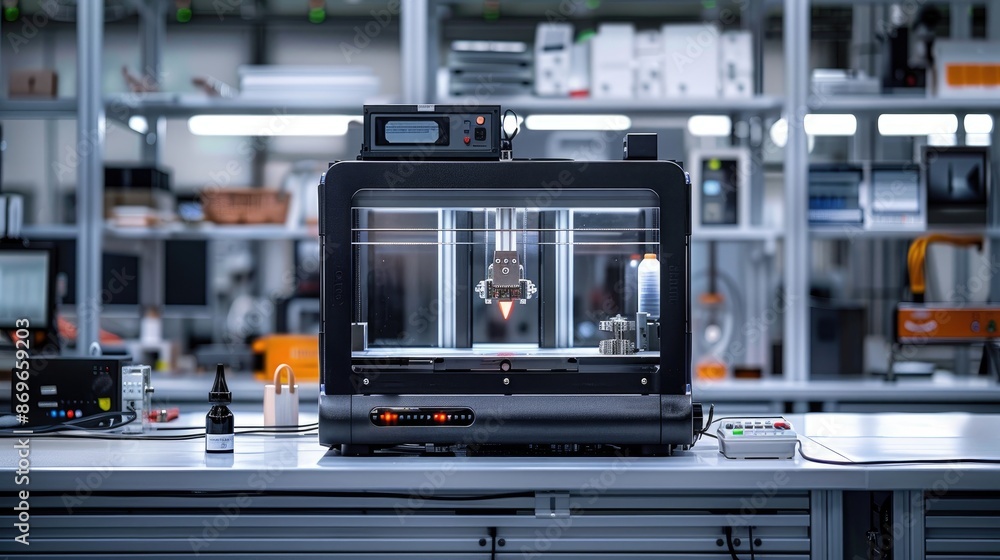 Black machine with a red button on it. The machine is on a table in a lab
