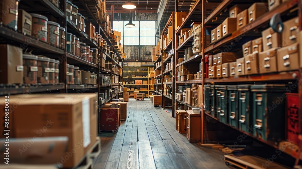 Large warehouse with many boxes on the shelves. The boxes are stacked in rows and the shelves are filled with them. The warehouse is very large and has a lot of space Large warehouse with many boxes on the shelves. The boxes are stacked in rows and the shelves are filled with them. The warehouse is very large and has a lot of space