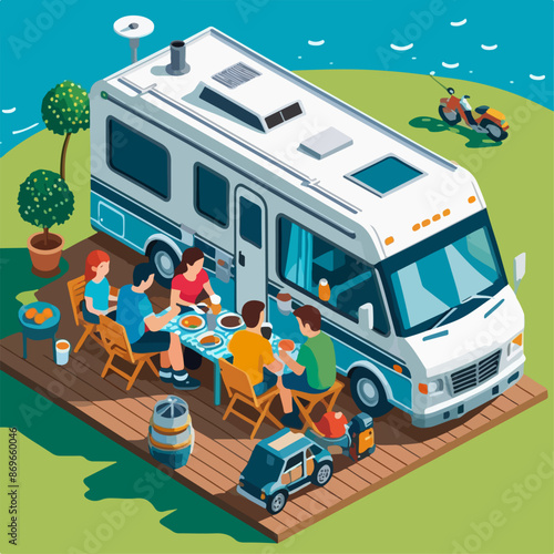 Friends Enjoying a Meal on RV Porch in Isometric View
