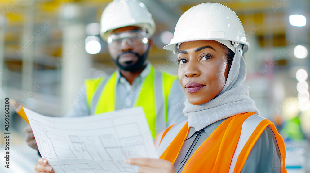 Construction Workers Discussing Building Plans. Safety Gear in an Industrial Setting Construction Workers Discussing Building Plans. Safety Gear in an Industrial Setting