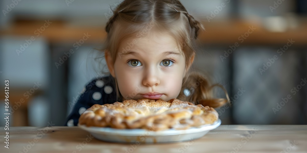 A young girl at a table with a pie tempted to share. Concept Food Photography, Temptation, Dessert, Sharing, Young Girl A young girl at a table with a pie tempted to share. Concept Food Photography, Temptation, Dessert, Sharing, Young Girl