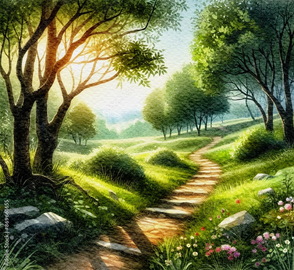 Obraz premium 나무,풍경,수채화,숲속,오솔길,봄,그림,풍경화