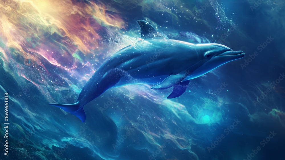 Naklejka premium 泳ぐイルカ 背景 幻想的 美しい