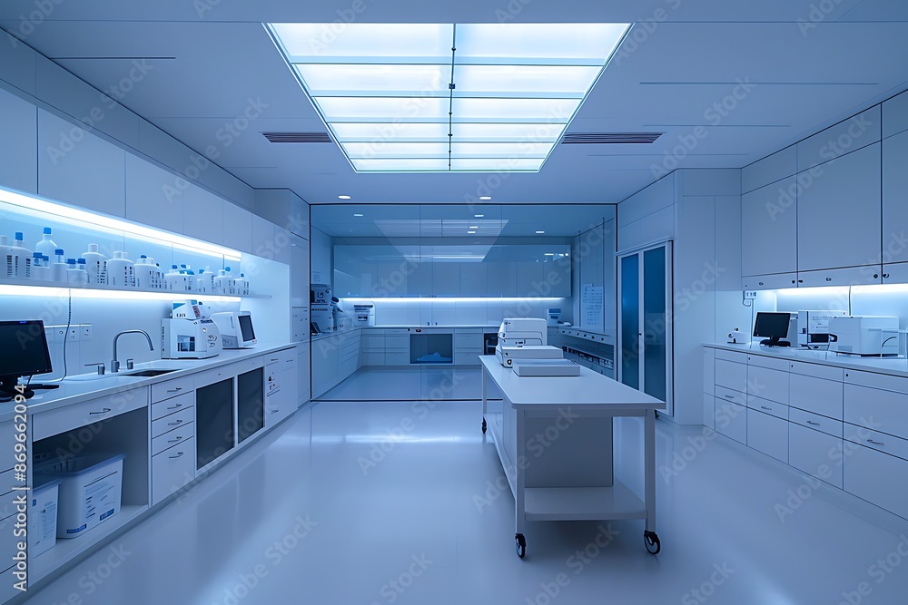 Advanced medical lab, minimalist design, wide shot, high contrast, dramatic lighting Advanced medical lab, minimalist design, wide shot, high contrast, dramatic lighting