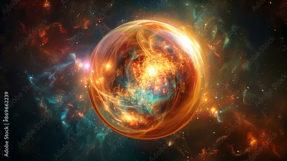 Obraz premium 宇宙に浮かぶ幻想的な美しい光の球体 背景 光の玉 暗闇 空