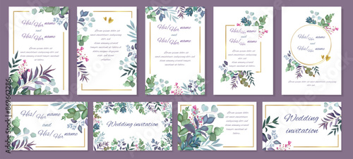 Wedding invitations. Green flowers, watercolor leaf frame, floral wedding watercolour borders, eucalyptus greenery. Cards and posters in rustic style typography. Vector illustration