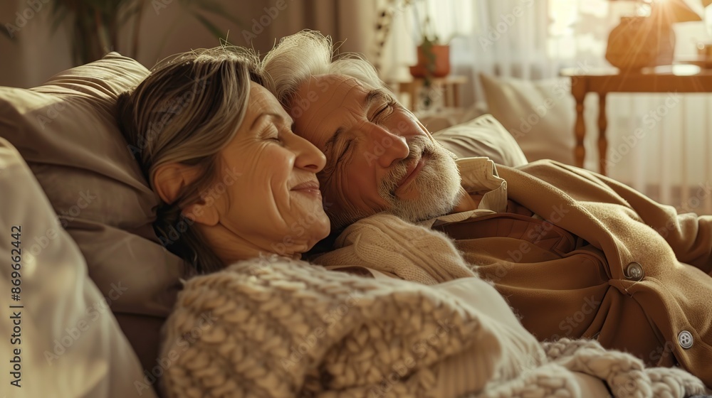 Happy senior couple is lying on the sofa indoors at home Happy senior couple is lying on the sofa indoors at home