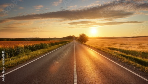 A scenic view of an empty road stretching into the horizon, surrounded by fields and illuminated by a bright, setting sun, capturing the essence of endless possibilities
