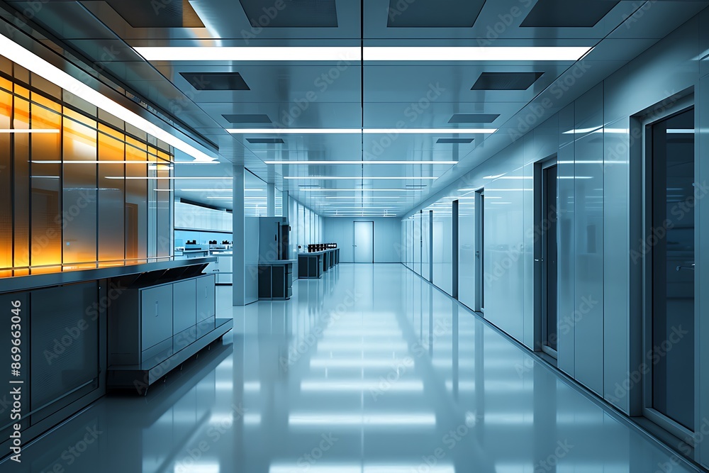 Fototapeta premium Minimalist advanced medical lab, wide shot, high contrast, dramatic lighting
