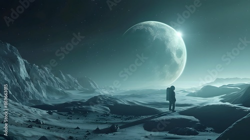 Surreal fantasy landscape with a man and moon