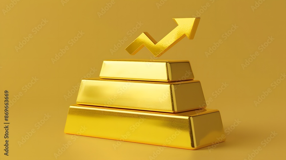 Gold bars with increasing arrow on yellow background Gold bars with increasing arrow on yellow background