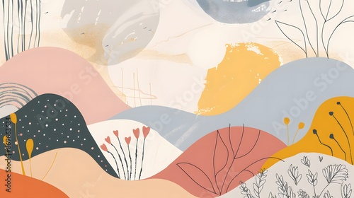 Abstract background with hand drawn doodle shapes and floral elements