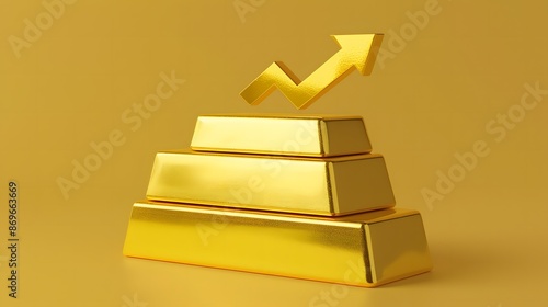 Gold bars with increasing arrow on yellow background