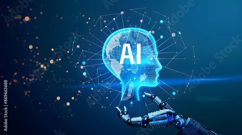 Robot hand pressing artificial intelligence AI symbol on blue background