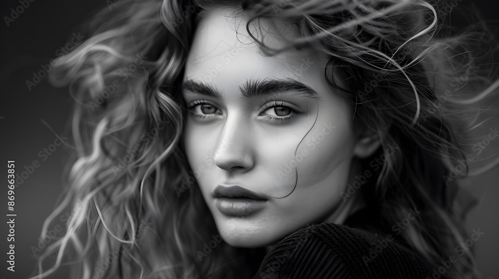 Portrait of a beautiful girl with curly hair. Black and white photo. Portrait of a beautiful girl with curly hair. Black and white photo.
