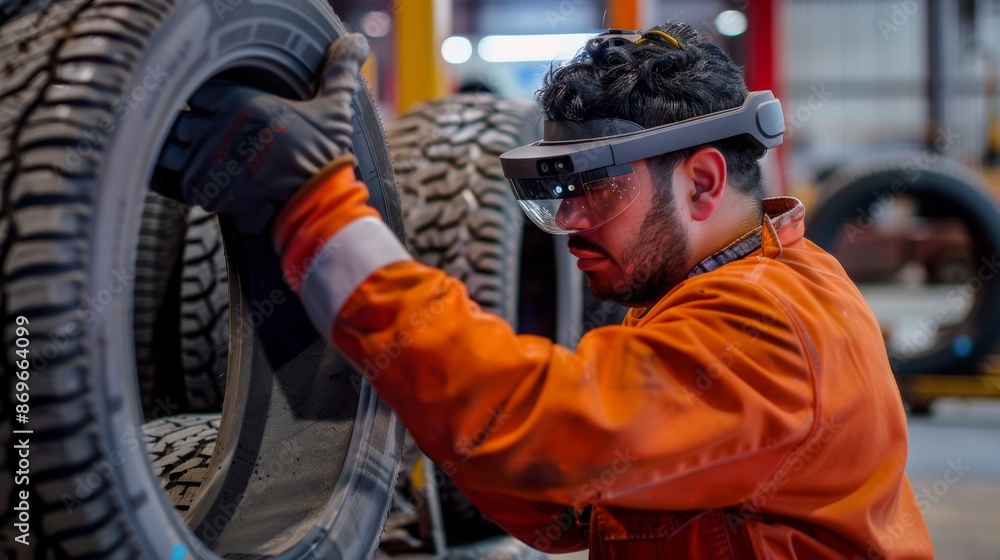 A worker in an orange jumpsuit is using AR glasses to inspect tires in a warehouse. A worker in an orange jumpsuit is using AR glasses to inspect tires in a warehouse.