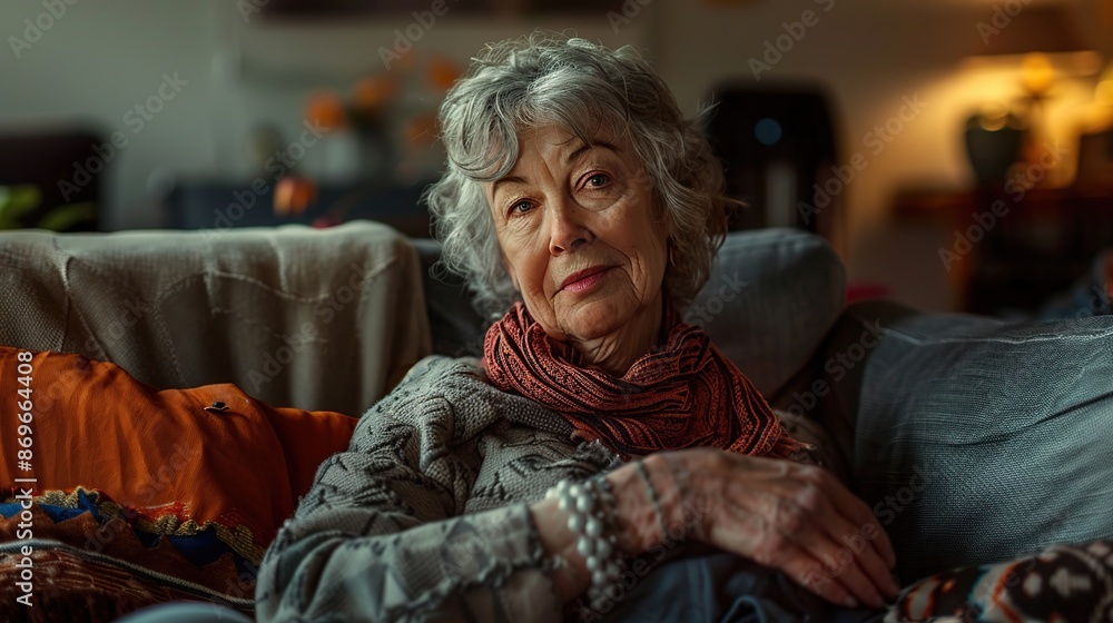 Confident senior woman sits on the sofa smiling and looking at the camera Confident senior woman sits on the sofa smiling and looking at the camera