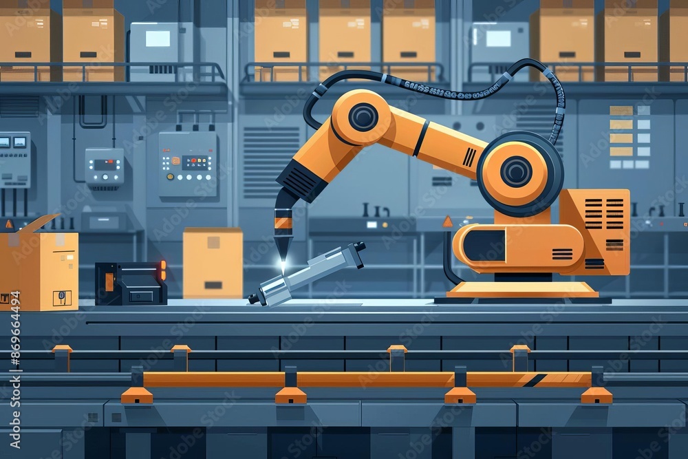 Workload reduction, robotic automation in industry, flat design illustration Workload reduction, robotic automation in industry, flat design illustration