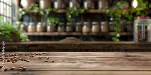 Coffee beans on the left on a wooden surface against the background of a coffee shop, advertising banner Summer layout for design and product demonstration.