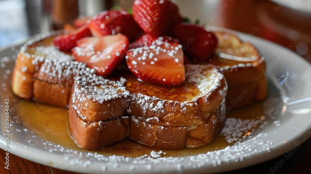 A plate of French toast with strawberries and powdered sugar, a delicious breakfast treat. A plate of French toast with strawberries and powdered sugar, a delicious breakfast treat.