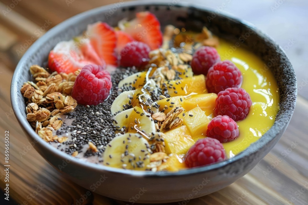 Delicious and healthy smoothie bowl with fresh fruit, granola, and chia seeds. Delicious and healthy smoothie bowl with fresh fruit, granola, and chia seeds.