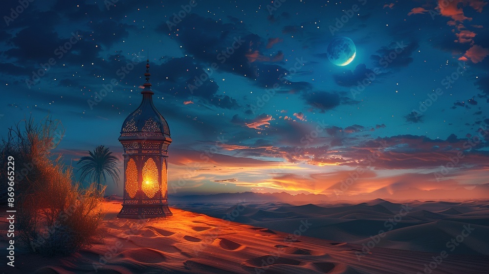 Ramadan Kareem Greeting Card. Serene Desert Night with Crescent Moon and Illuminated Lantern Ramadan Kareem Greeting Card. Serene Desert Night with Crescent Moon and Illuminated Lantern