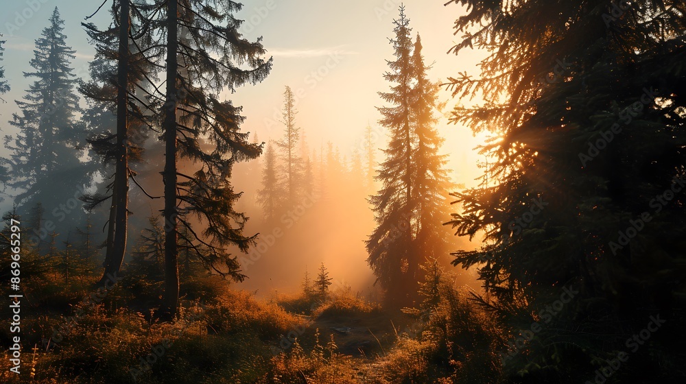 Sunrise in a Misty Pine Forest Sunrise in a Misty Pine Forest