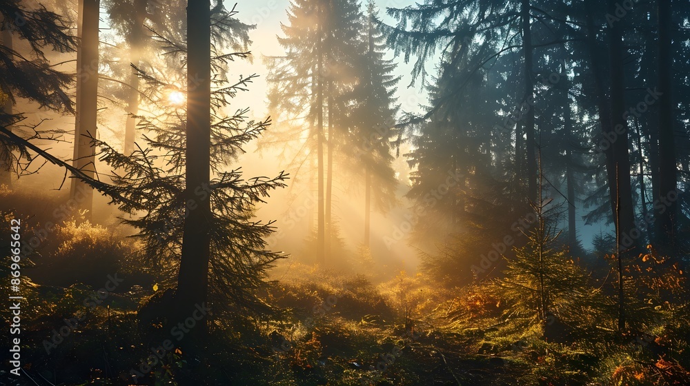 Obraz premium Golden Sunrise Through Foggy Forest Trees