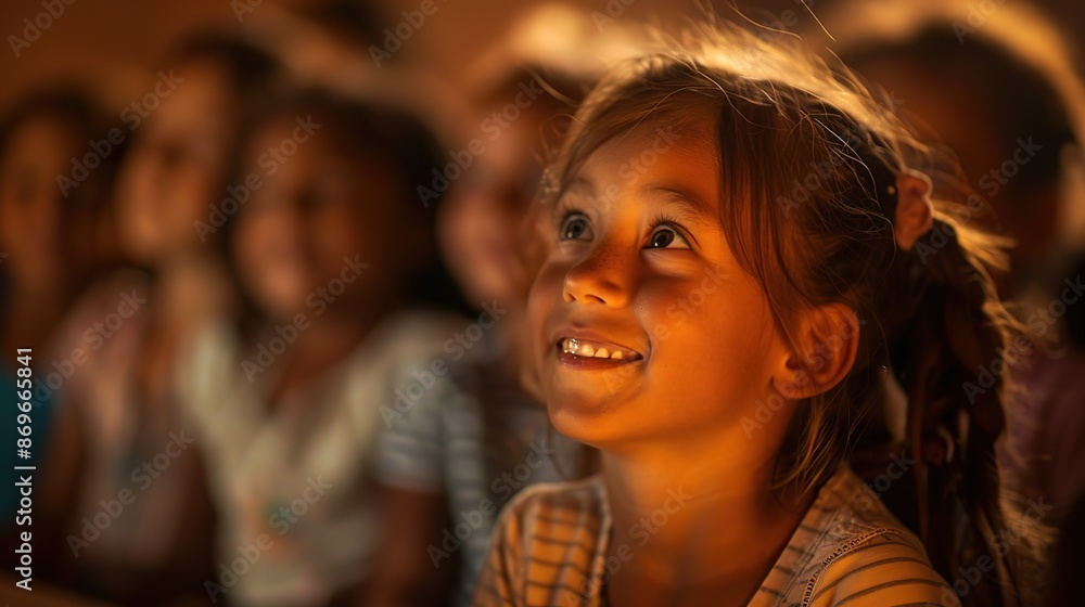 Group of students are sitting on chairs in the classroom while watching the teacher and smiling happily Group of students are sitting on chairs in the classroom while watching the teacher and smiling happily
