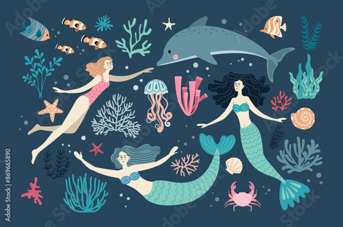 Sea mermaid set. Little dolphin, crub and fishes, girl ocean character with tail, cute fantasy ocean marine women, underwater seashell swim. Cute drawing. Vector cartoon flat illustration