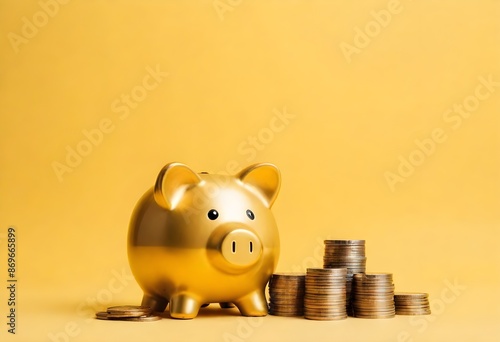 12 Wealth management: Golden piggy bank and investment symbols 