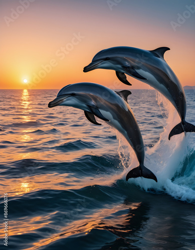 Dolphins Leaping At Sunset Over Ocean Waves © peemee19
