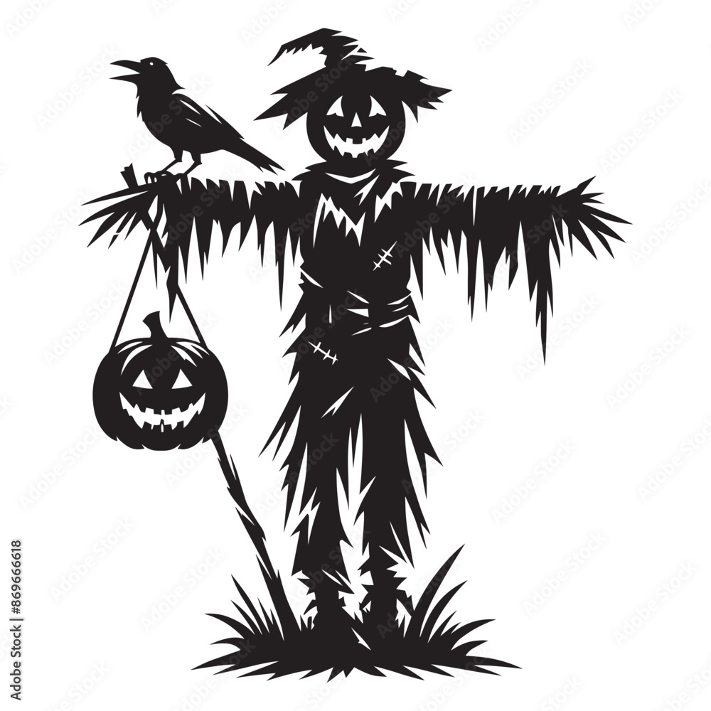 Fototapeta premium Scarecrow scary halloween character silhouette vector illustration isolated on white background