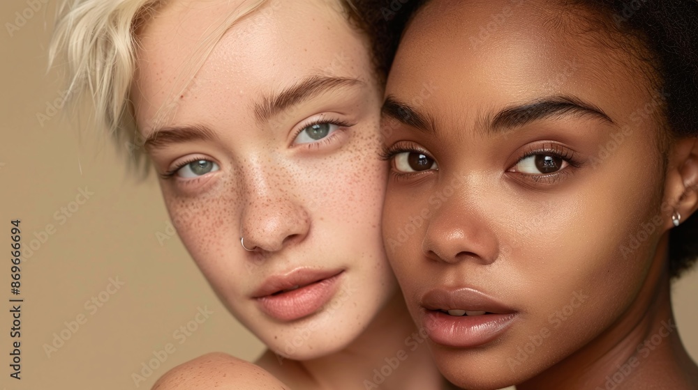 close up of Cool gen z girls cool diverse inclusive faces beauty models faces with piercing tattoos short blond hair isolated on beige background Two African European young women advertising skin care close up of Cool gen z girls cool diverse inclusive faces beauty models faces with piercing tattoos short blond hair isolated on beige background Two African European young women advertising skin care