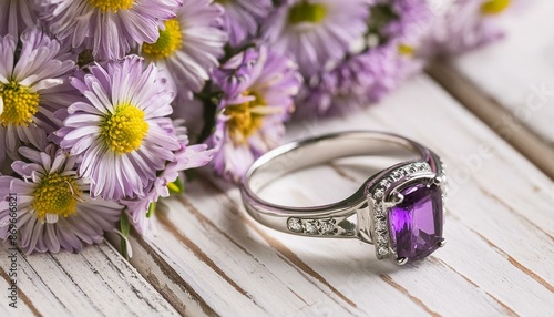 Ring with violet stone on vintage white wood with bouquet of lilac daisies © Zaheer