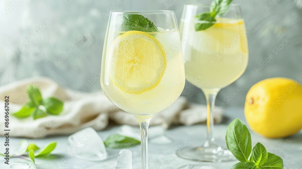 Homemade Limoncello spritz drink of liqueur, sparkling wine and lemon in cocktail glass Homemade Limoncello spritz drink of liqueur, sparkling wine and lemon in cocktail glass
