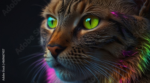 Close-up portrait of a majestic tabby cat with vibrant green eyes and colorful neon light reflections on its fur, looking intently to the right against a dark background