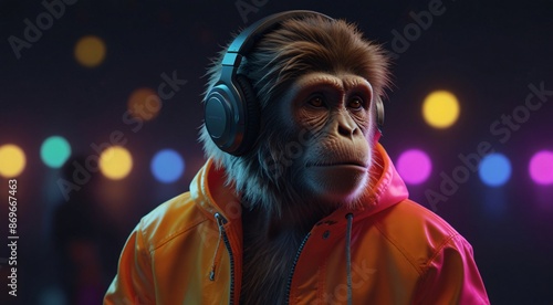 Cool chimpanzee wearing black wireless headphones and a vibrant orange and pink gradient hoodie, looking to the right with a blurred bokeh background of colorful lights