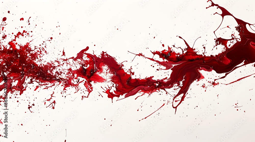 Intriguing patterns emerging as ruby paint splatters collide and interact, creating a dynamic scene on white. Intriguing patterns emerging as ruby paint splatters collide and interact, creating a dynamic scene on white.