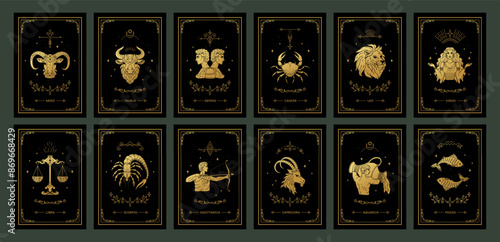 Zodiac cards. Astrological calendar. Gold signs of Aries, Sagittarius and Libra. Magic frames with Taurus and Leo. Fortune prediction. Star constellations. Vector horoscope symbols set