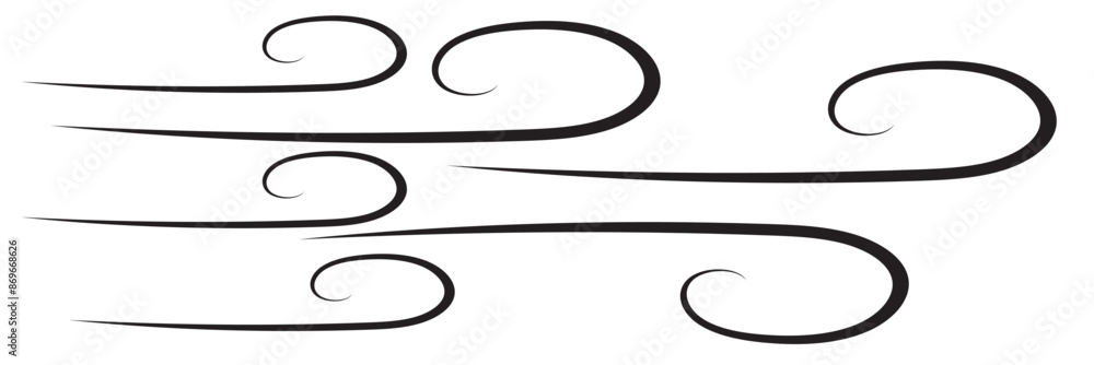 Doodle wind motion. Isolated vector set of abstract air swirls, blow waves, curve spirals in black colors, capturing the dynamic essence of movement and energy in a playful and artistic cartoon manner Doodle wind motion. Isolated vector set of abstract air swirls, blow waves, curve spirals in black colors, capturing the dynamic essence of movement and energy in a playful and artistic cartoon manner