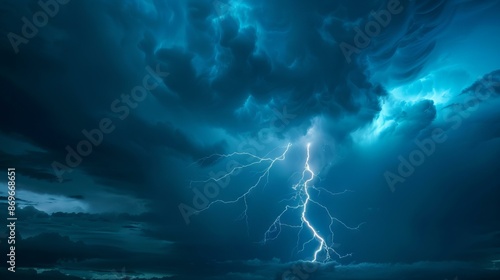 Dramatic lightning storm clouds, nature's fury. Capture the raw power of nature with this image of a lightning storm, featuring electric blue clouds and a bright lightning strike.