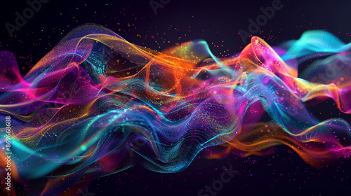 Abstract digital wave particle flow with vibrant, colorful particles moving in fluid, wave-like motions, set against a sleek, dark background. Abstract background, wallpaper