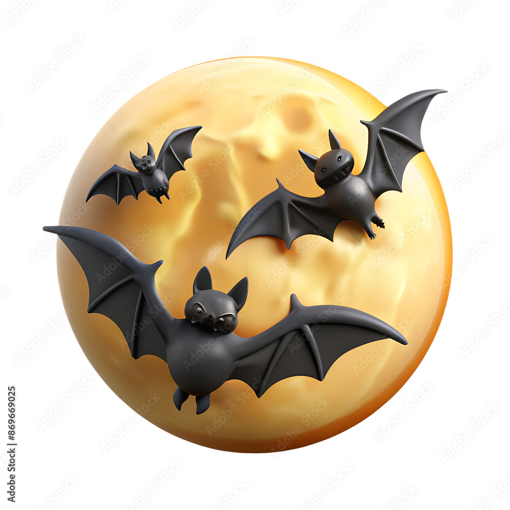 Fototapeta premium Digital illustration of three cartoon bats flying in front of a full moon, perfect for Halloween themes and spooky designs.