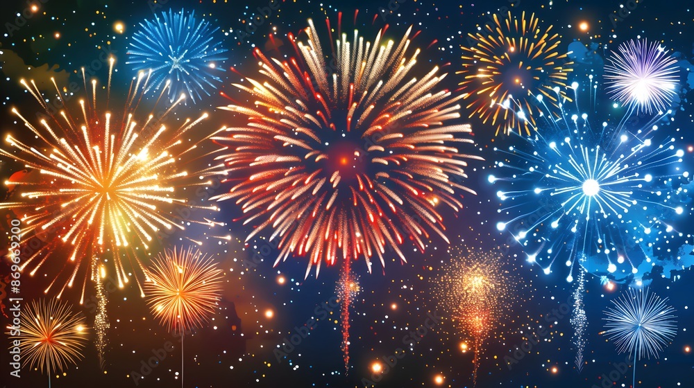 Fototapeta premium Fourth of July Fireworks: Explosive fireworks display lighting up the sky for Independence Day. 