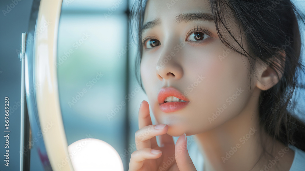 Lip care concept, worried asian young woman finger touching lips in front of mirror after applying lipstick balm on dry mouth from natural beauty product, skincare routine, makeup and cosmetics