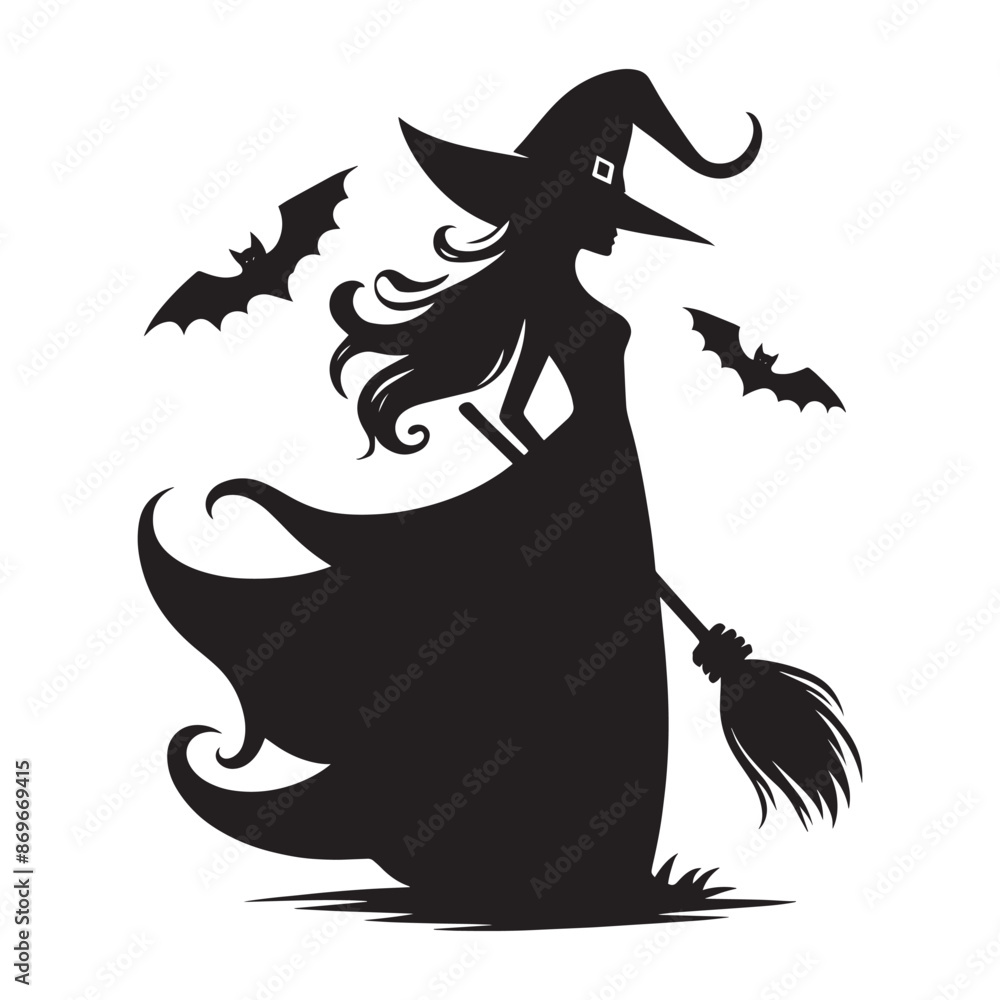 Halloween witch silhouette with broomstick, hats and magic pot vector illustration isolated on white background Halloween witch silhouette with broomstick, hats and magic pot vector illustration isolated on white background