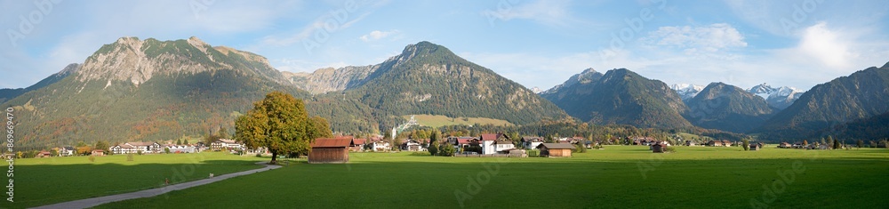 panoramic landscape Oberstdorf, view to the village and mountains, allgau alps panoramic landscape Oberstdorf, view to the village and mountains, allgau alps