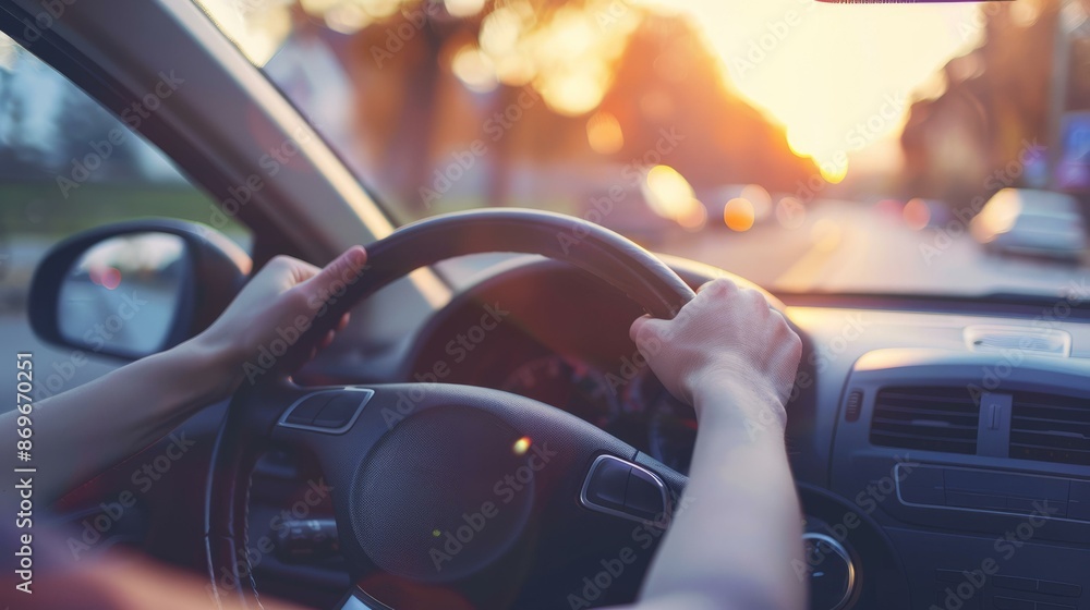 Sunset drive home. Woman driving car at sunset, enjoying the golden hour commute. Sunset drive home. Woman driving car at sunset, enjoying the golden hour commute.